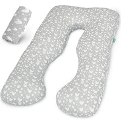 Biloban U-shaped pregnancy pillow cover in grey hearts print fits most maternity pillows for comfort.