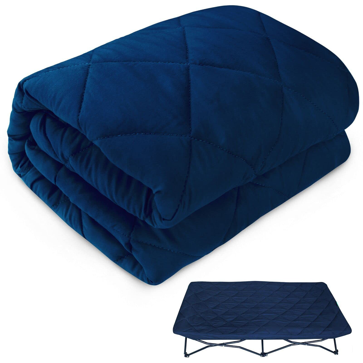 Biloban Regalo My Cot navy quilted sheet fits securely for nap-time comfort.