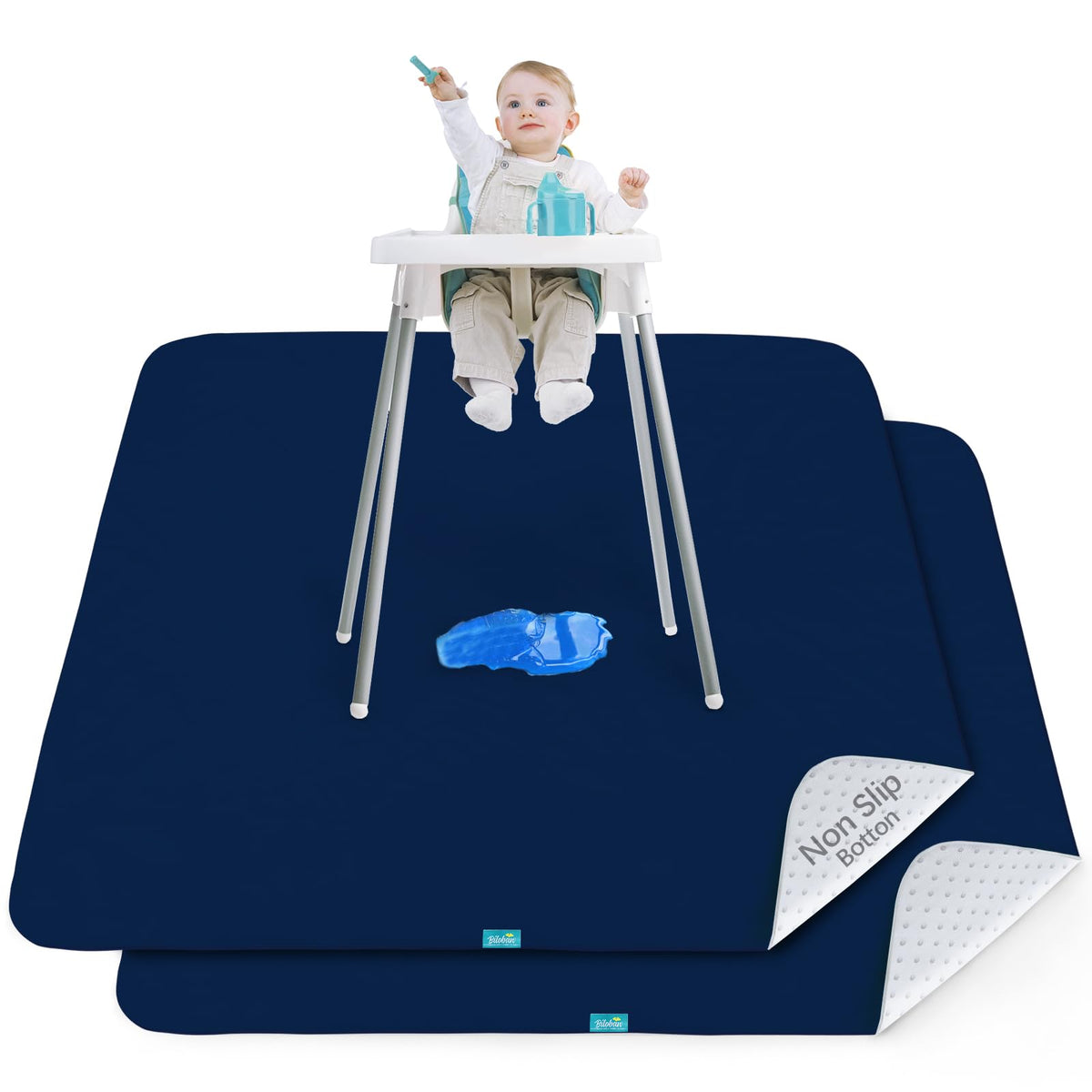 Biloban splat mat under high chair with anti-slip back protecting floors.