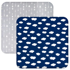 Biloban square playard Navy Cloud sheets fit snugly for safe sleep.
