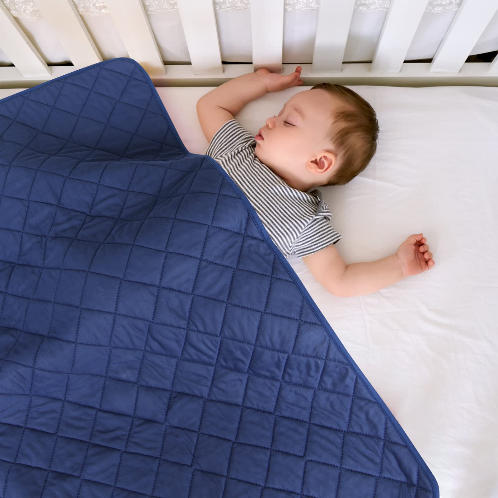 Biloban navy blanket suited for car seats and on-the-go use with easy care.