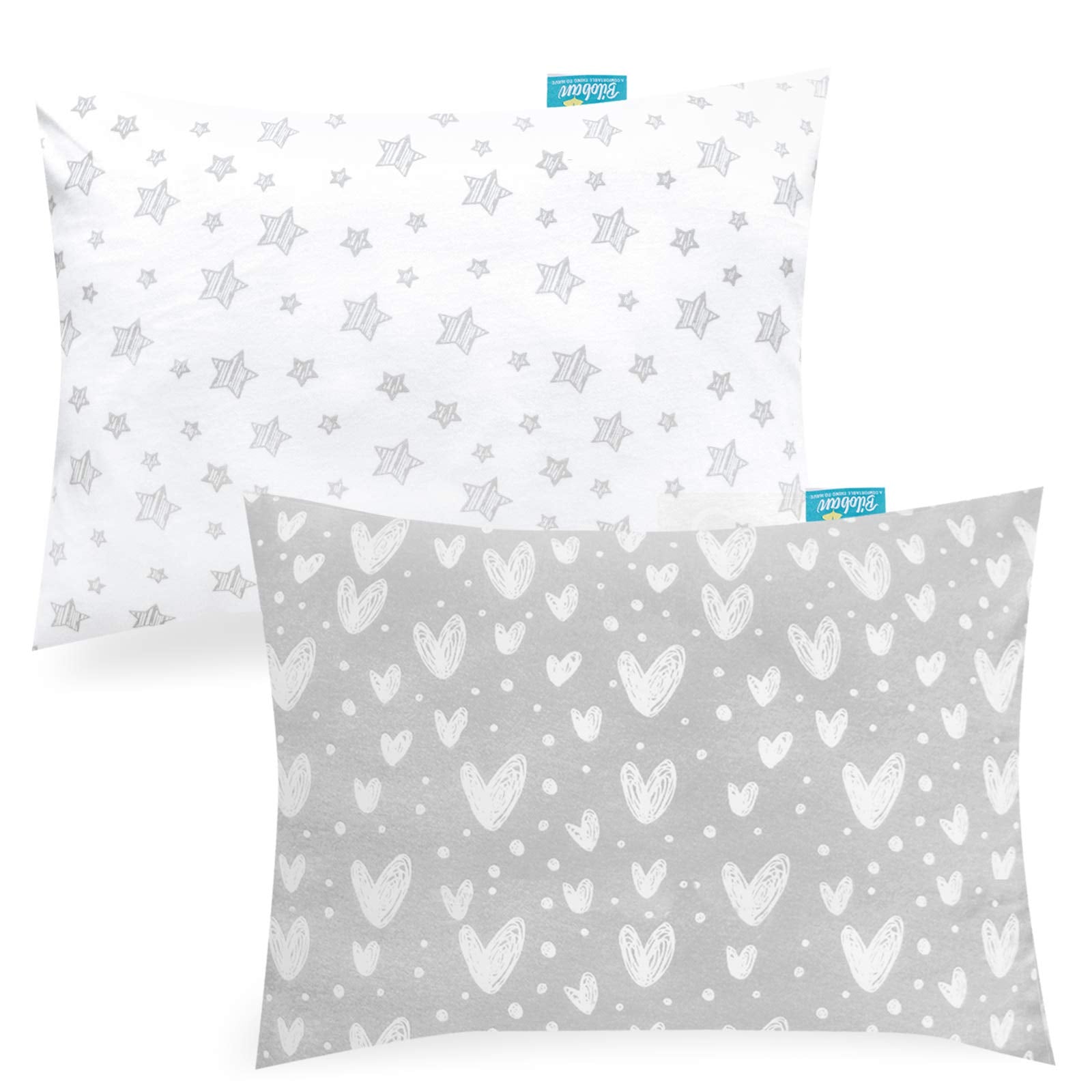 Biloban toddler pillowcase close-up shows gray heart and white star pattern for gentle sleep
