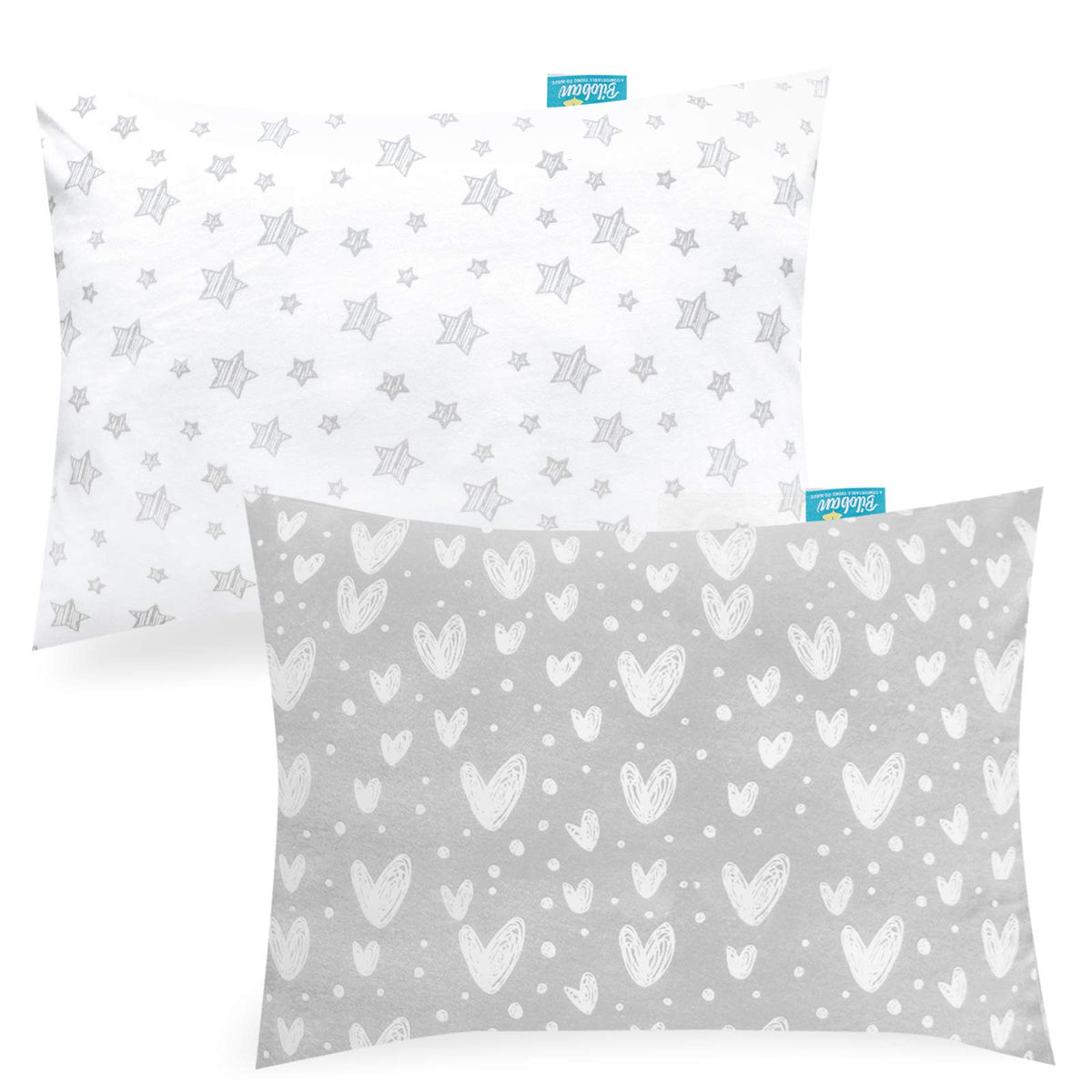 Biloban toddler pillowcase close-up shows gray heart and white star pattern for gentle sleep