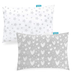 Biloban toddler pillowcase close-up shows gray heart and white star pattern for gentle sleep
