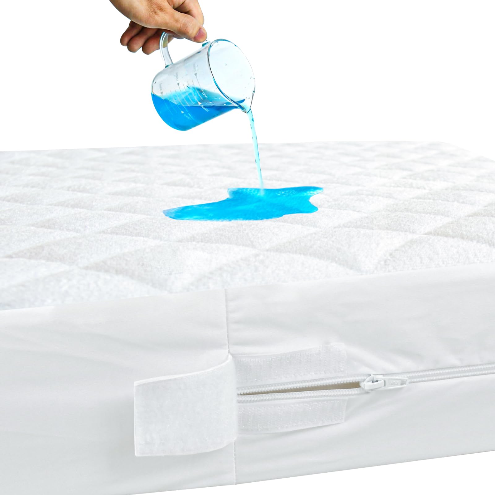 Biloban waterproof crib encasement shows six-sides protection for standard cribs.
