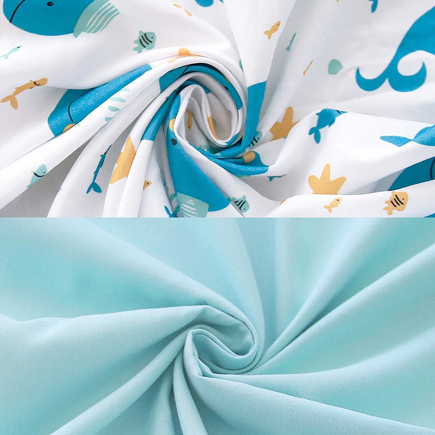 Biloban Whale toddler flat sheet spread demonstrates breathable, lightweight comfort.
