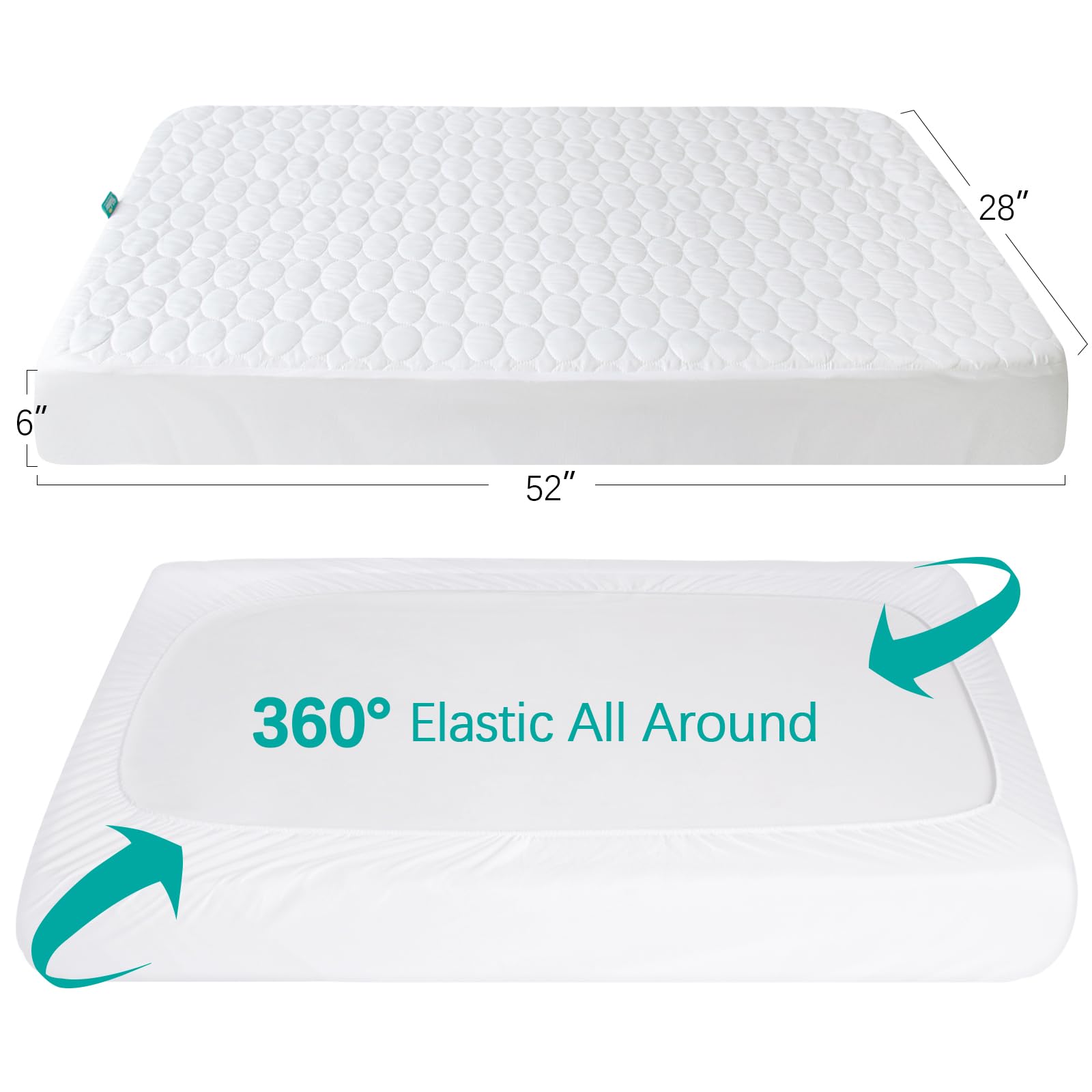 Biloban white crib mattress cover blends with nursery decor and sheets