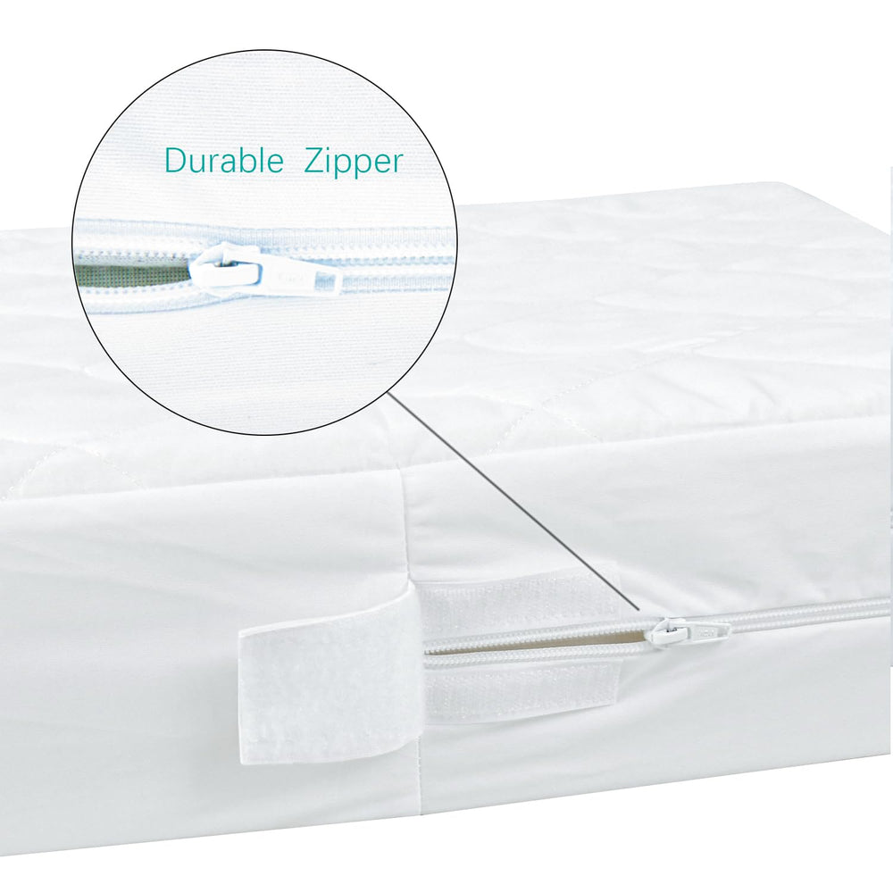 Biloban zipper crib mattress protector side waterproofing for complete containment.