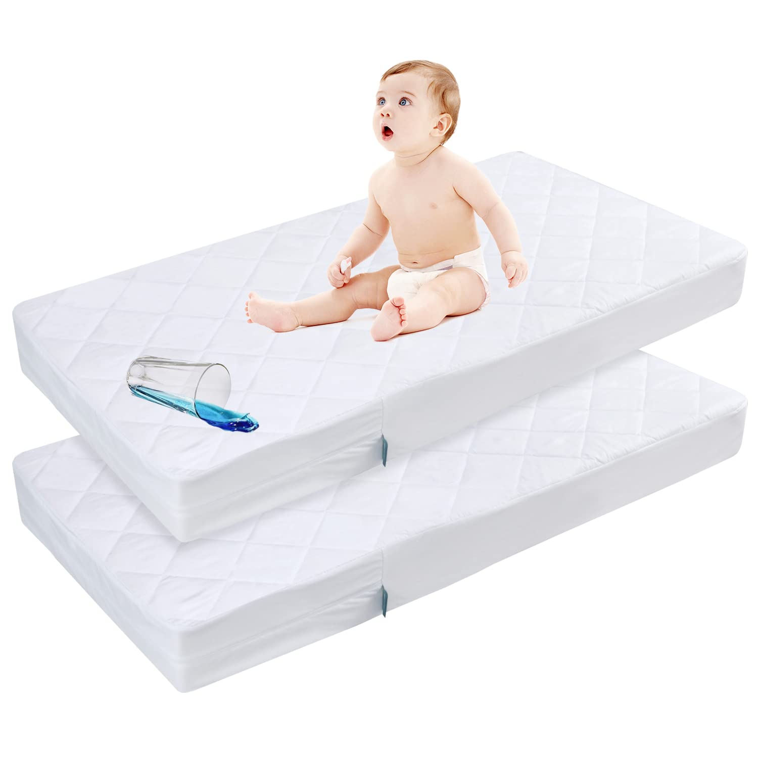 Biloban zipper crib mattress protector top view showing waterproof surface for leaks.