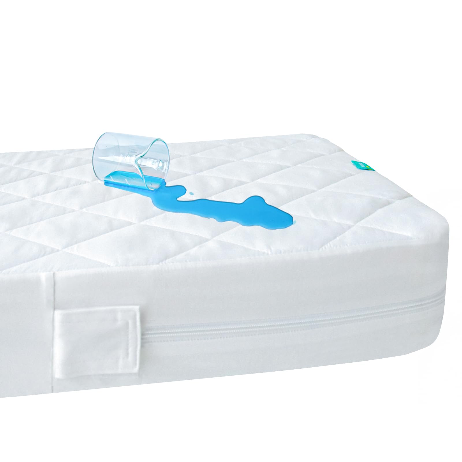 Biloban zipper crib mattress protector with waterproof top shows full-surface leak protection.