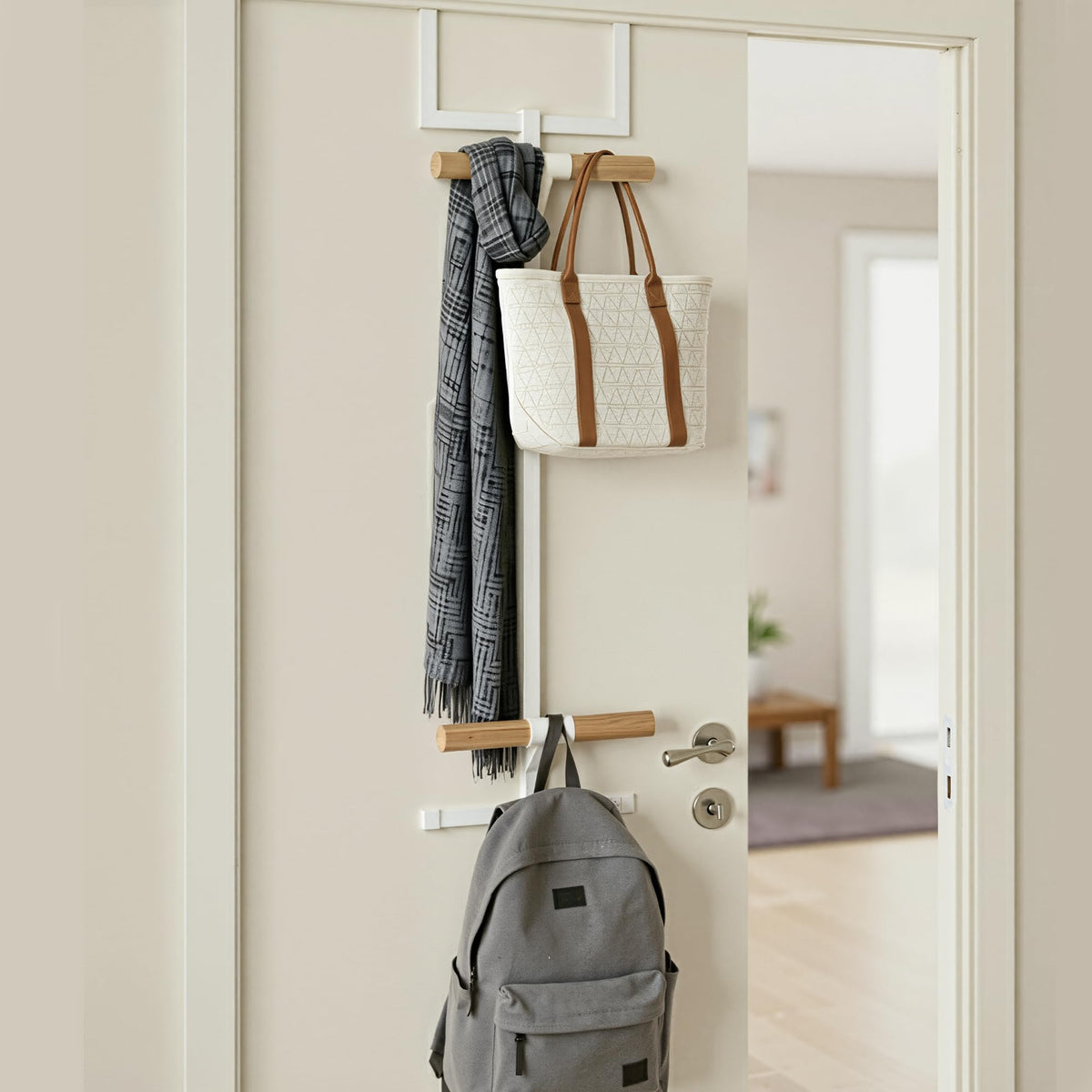 Bimiti over-door hanger installation demonstrates quick, damage-free setup.