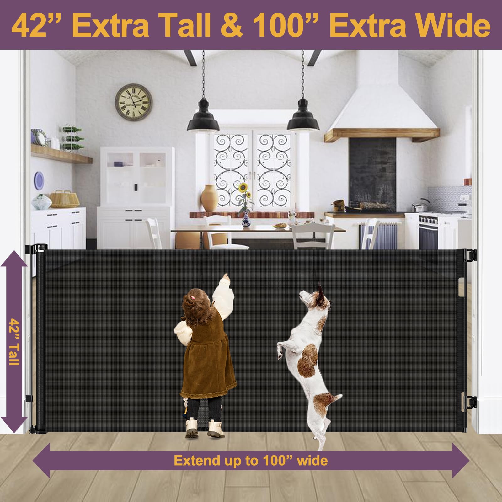 Bingguz 100-inch wide retractable design shown in use in a wide doorway.