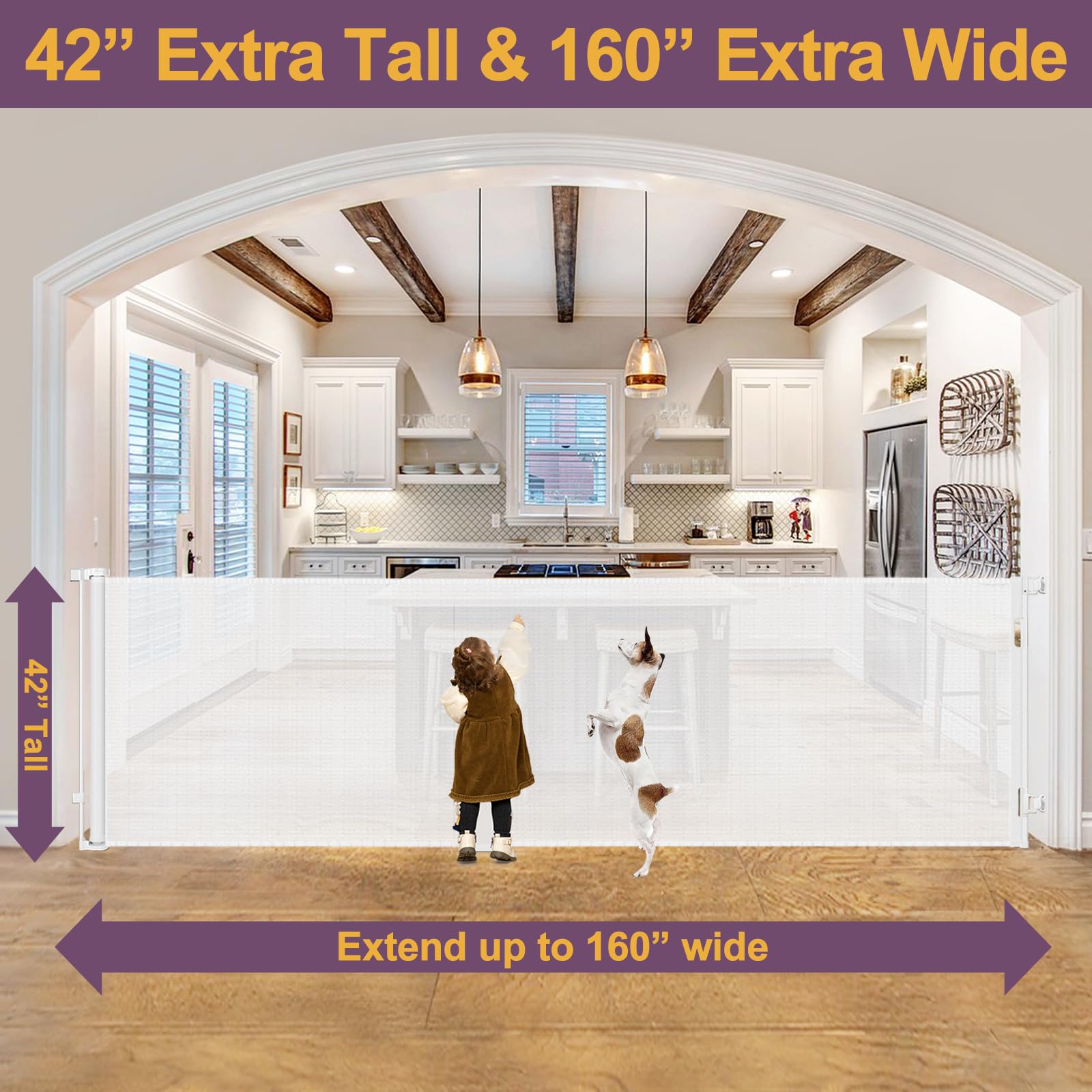 Bingguz 160in wide retractable gate extended for wide doorways.