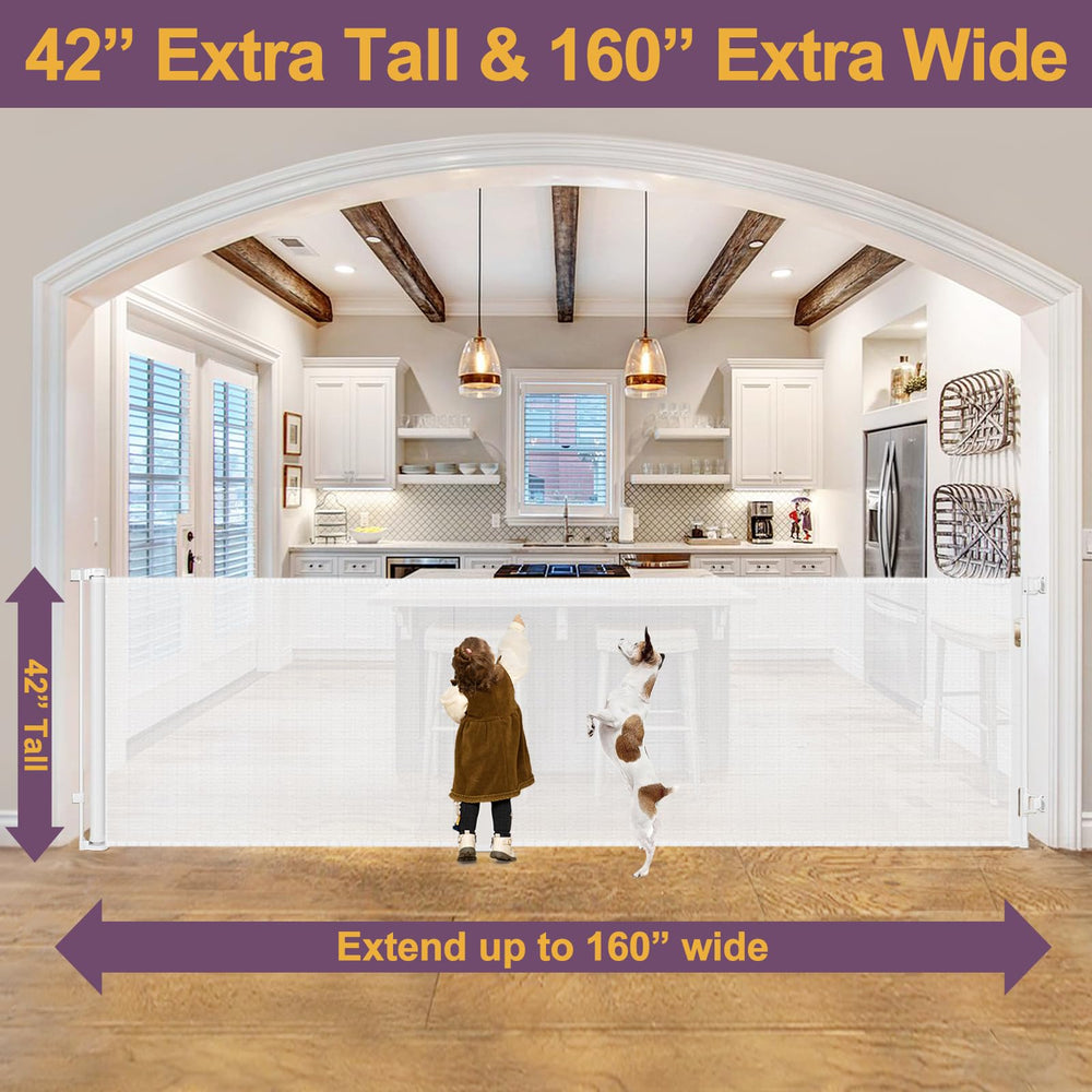Bingguz 160in wide retractable gate extended for wide doorways.