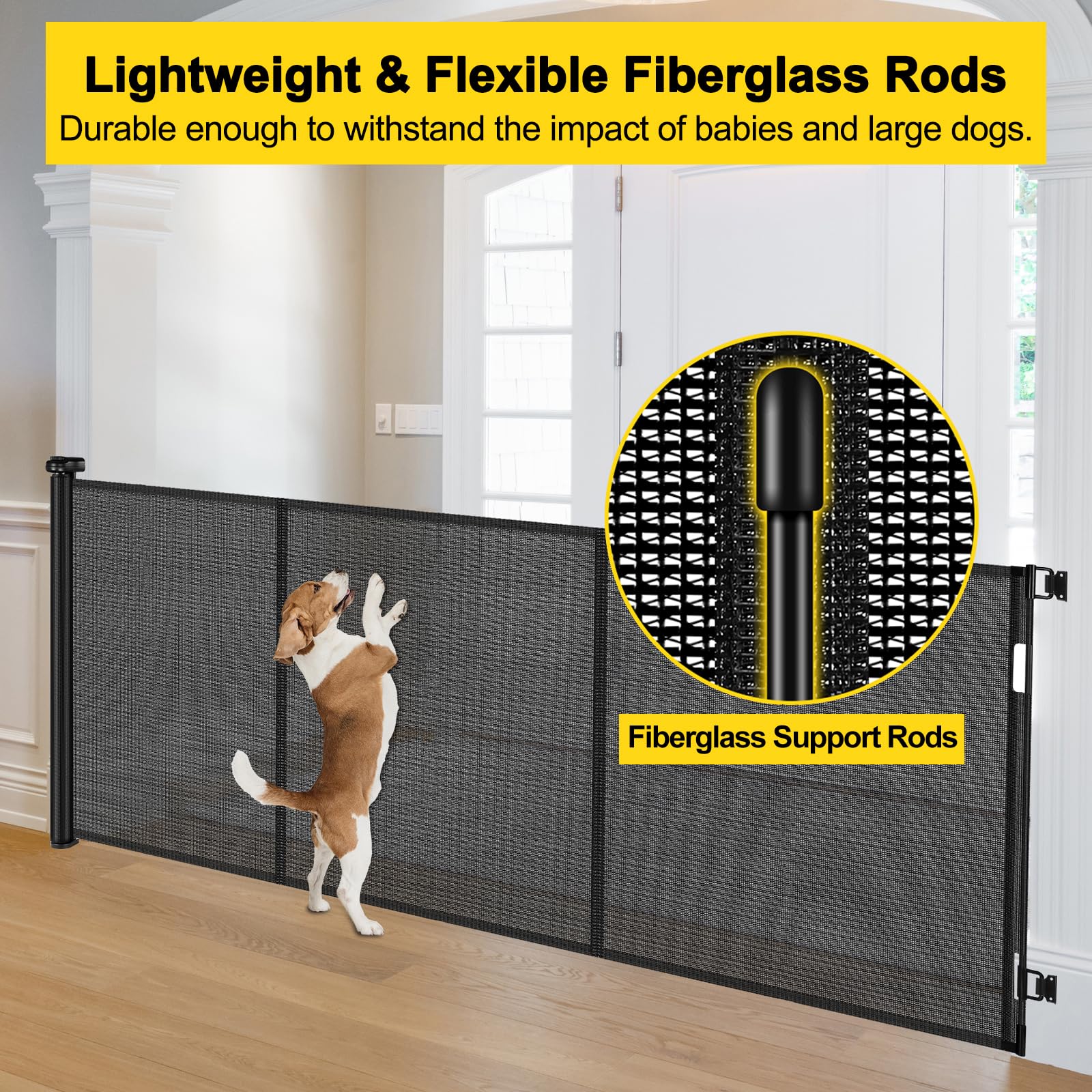 Bingguz gate spans 42 inches tall and 160 inches wide for wide openings.
