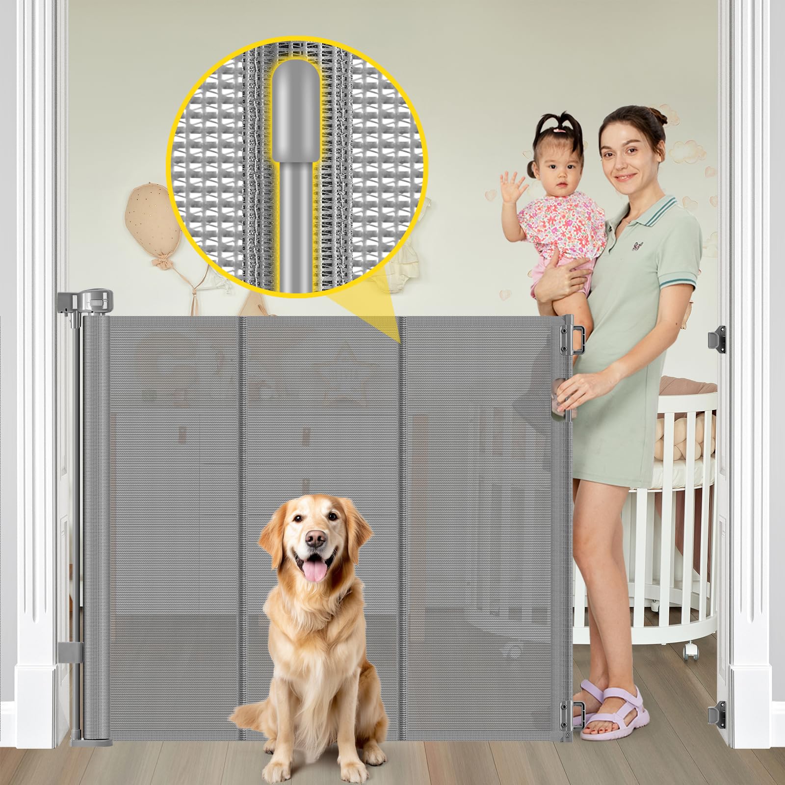 Bingguz reinforced 42-inch gate mesh extended across a doorway for safety.