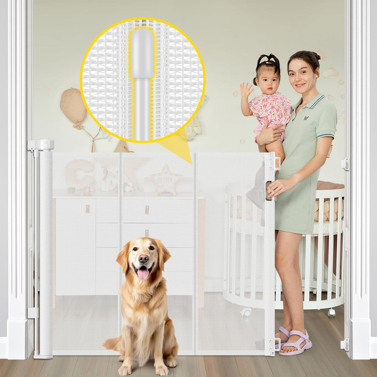 Bingguz reinforced bottom-gap-free mesh gate showing secure boundary for pets and kids