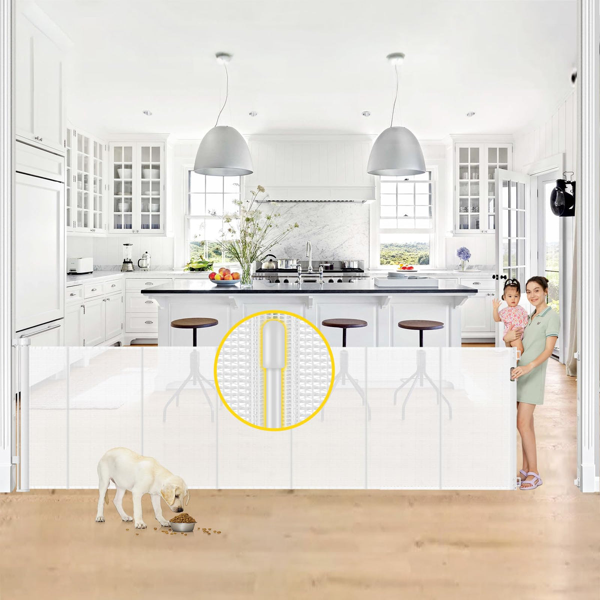 Bingguz reinforced gate assembly secures wide openings for safety.