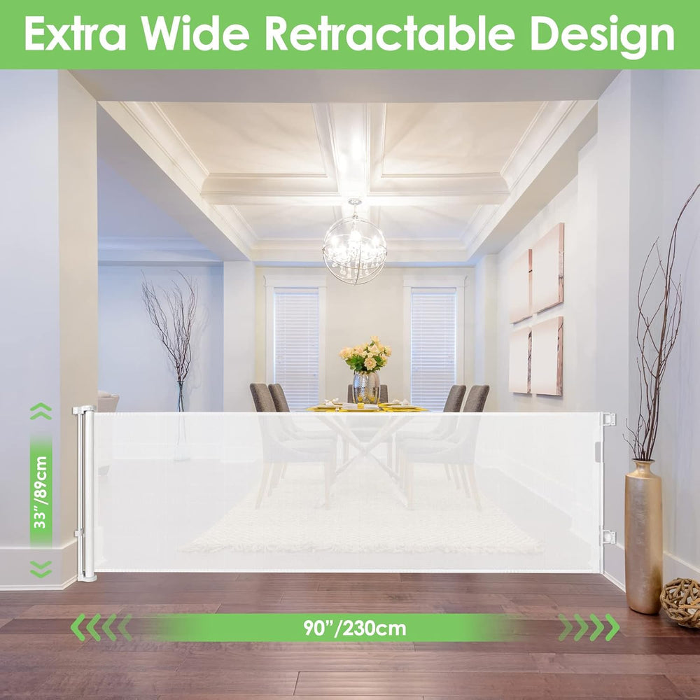 Bingguz retractable baby gate with no-threshold design for easy passage.