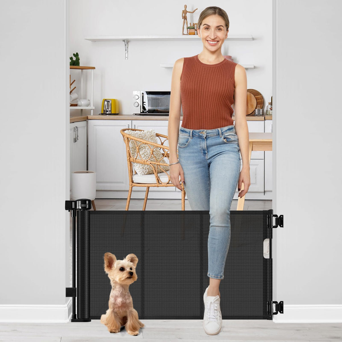 Bingguz Short Dog Gate extended to fit doorways with adjustable width