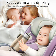 BINGONE bottle warmer in use during travel demonstrates on-the-go feeding convenience.