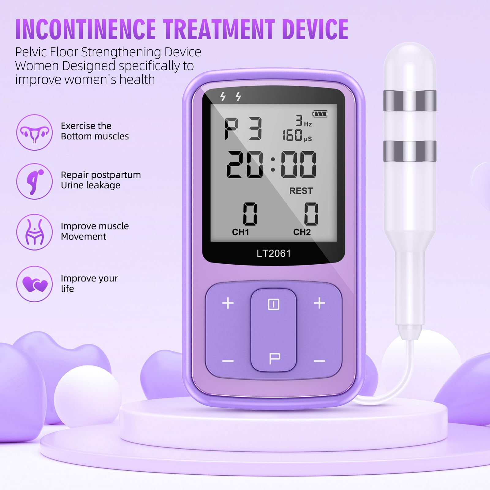Binsterain pelvic muscle trainer control panel enables program selection and intensity control.