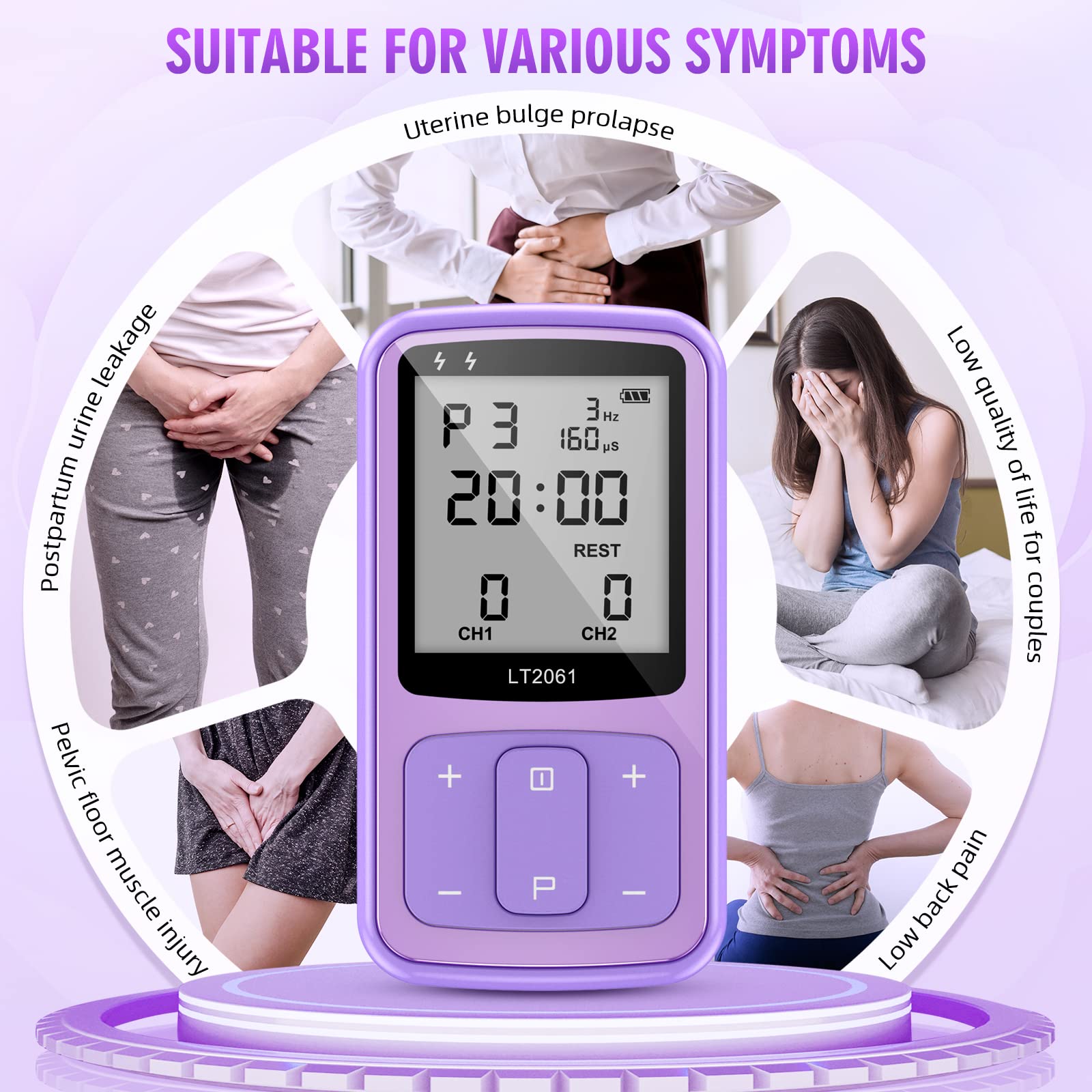 Binsterain pelvic muscle trainer display panel highlights 9 therapy programs for rehabilitation.