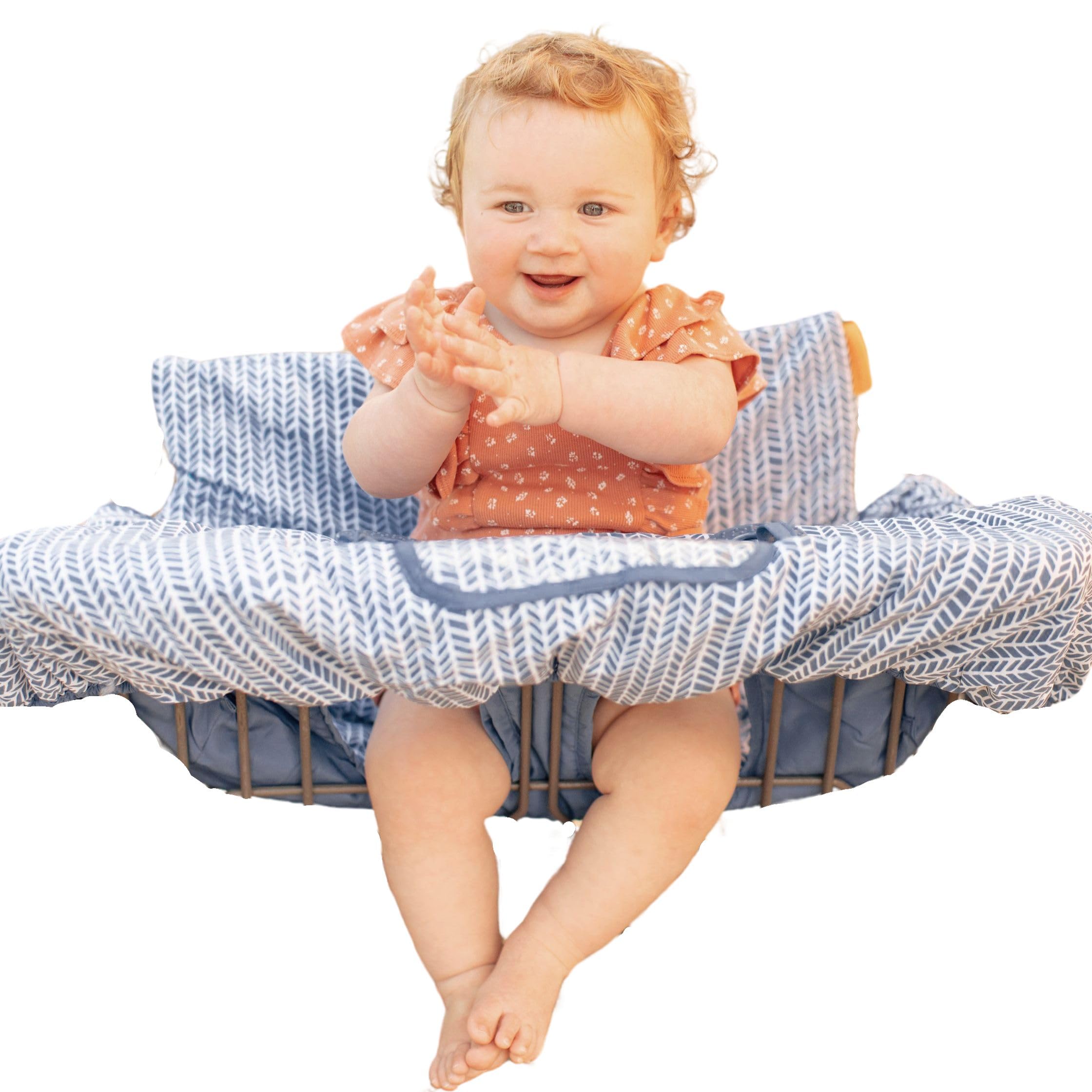 Binxy Baby 2-in-1 Cushy Cover blue arrows provides a soft, secure shopping seat.