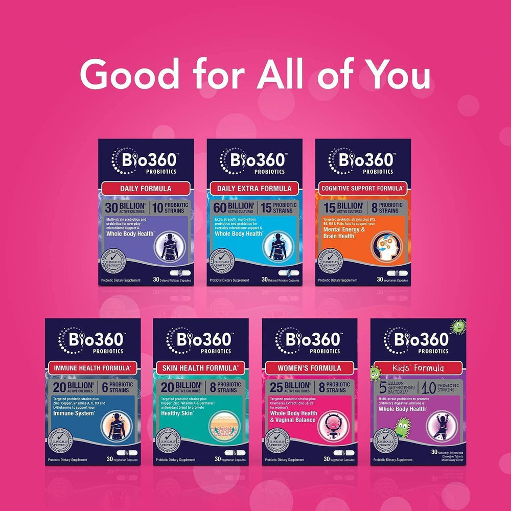 Bio360 probiotics product with label highlighting 15 strains for vaginal flora support.
