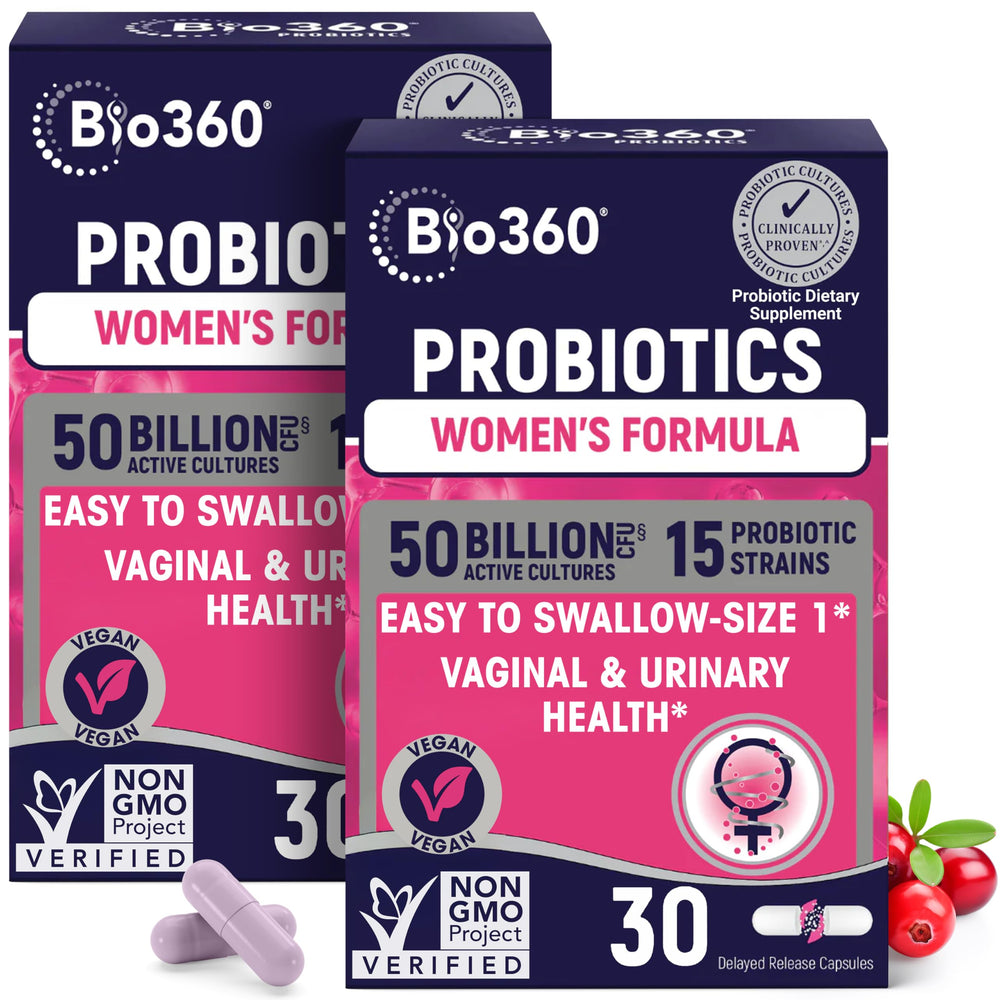 Bio360 Probiotics for Women bottle packaging highlighting shelf-stable formula supporting vaginal balance.
