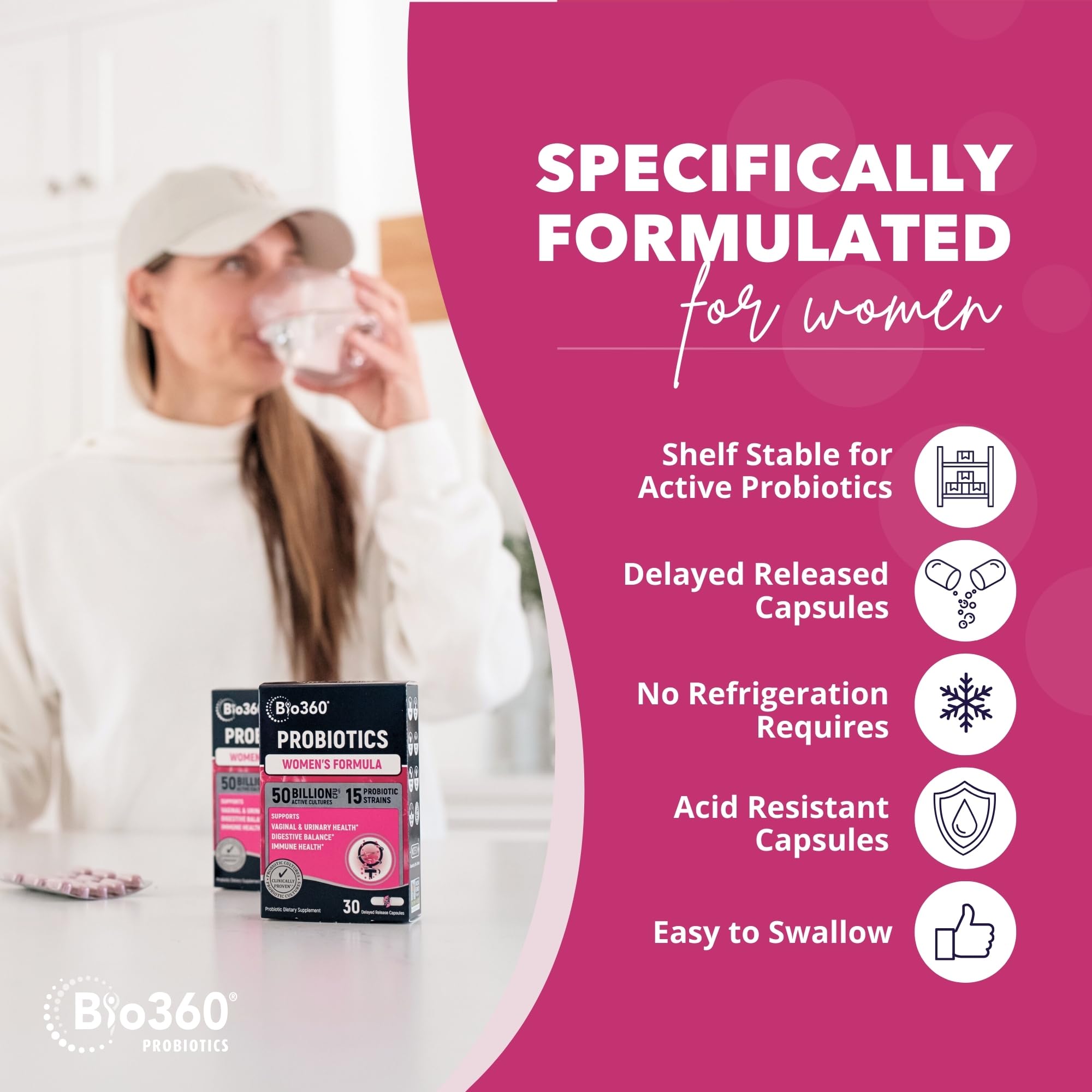 Bio360 Probiotics packaging back view shows usage directions and non-GMO status.