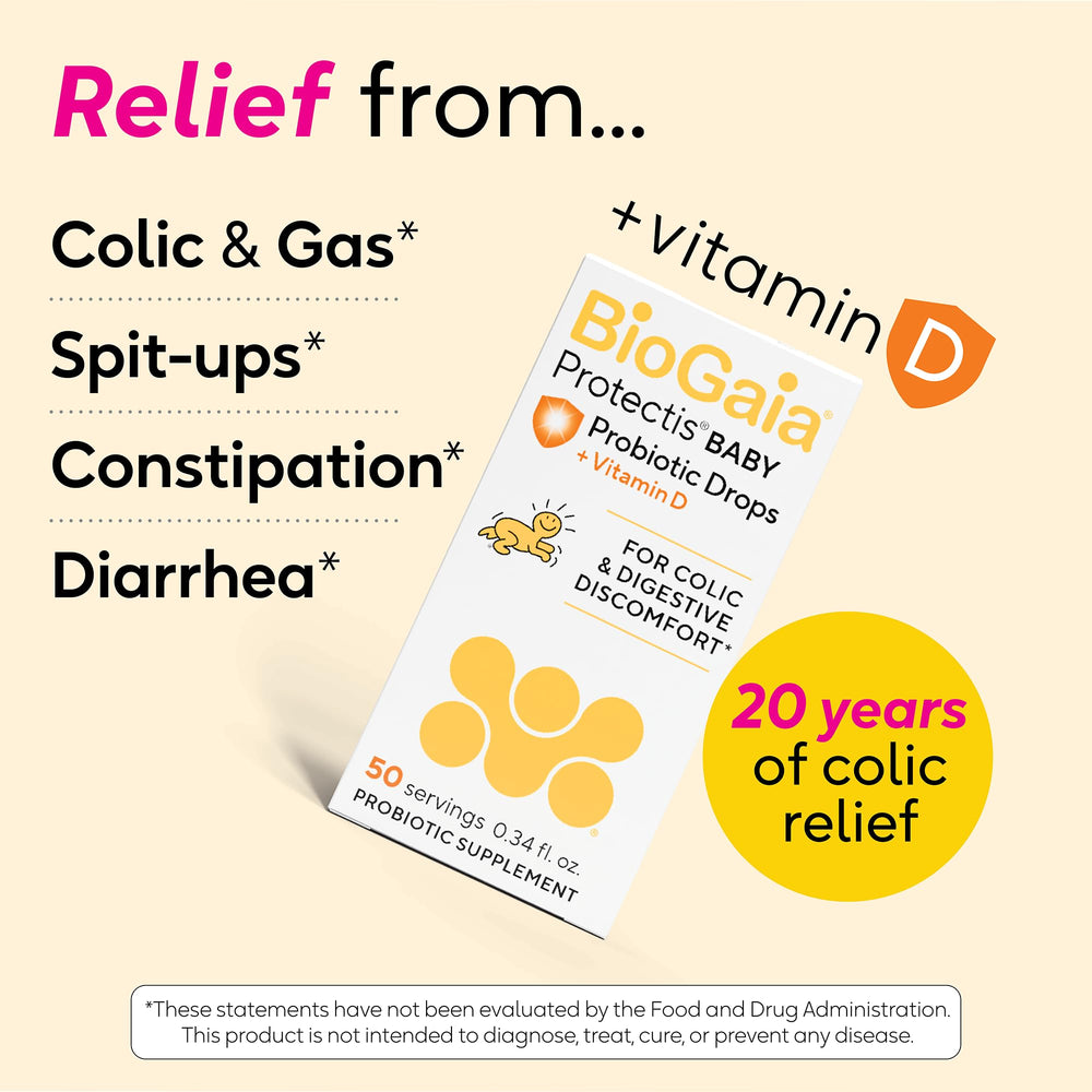 Two-pack BioGaia Baby Probiotic Drops on a nursery shelf.