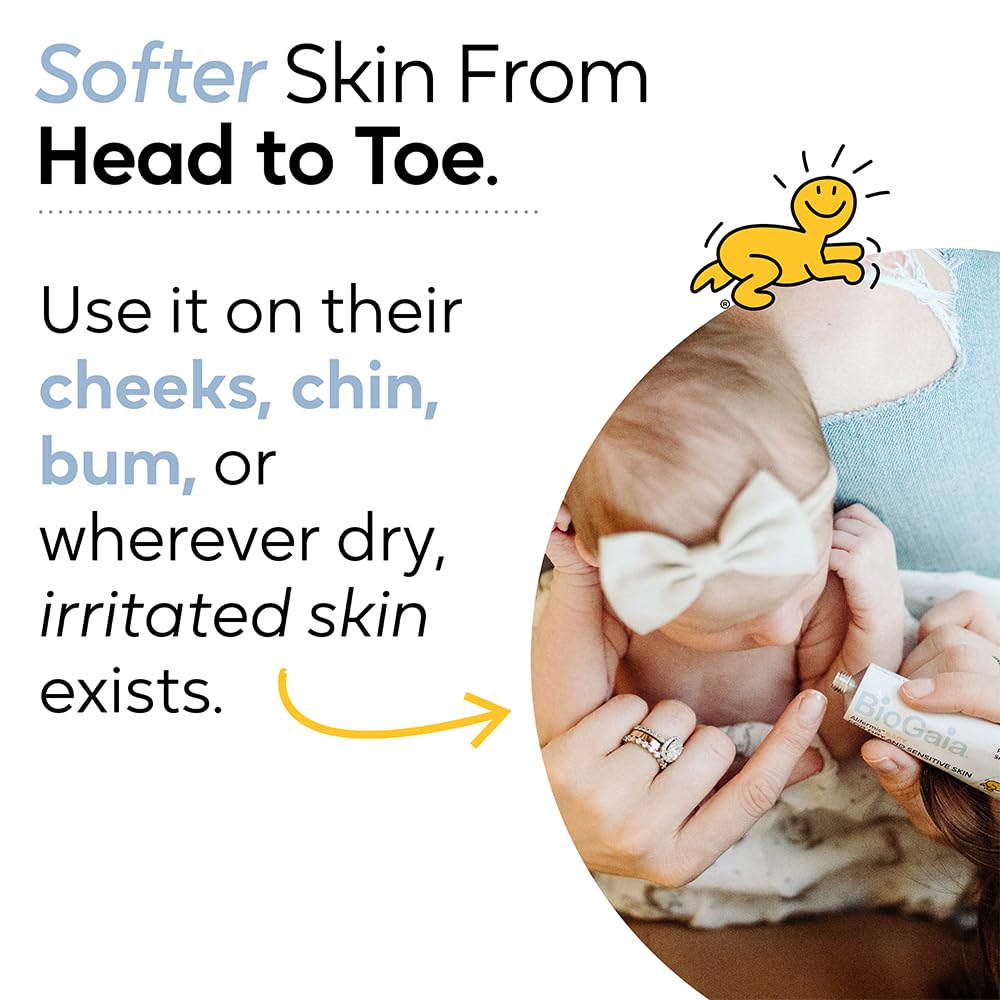 BioGaia Baby Probiotic Ointment on a baby’s hand illustrating multi-use portability.