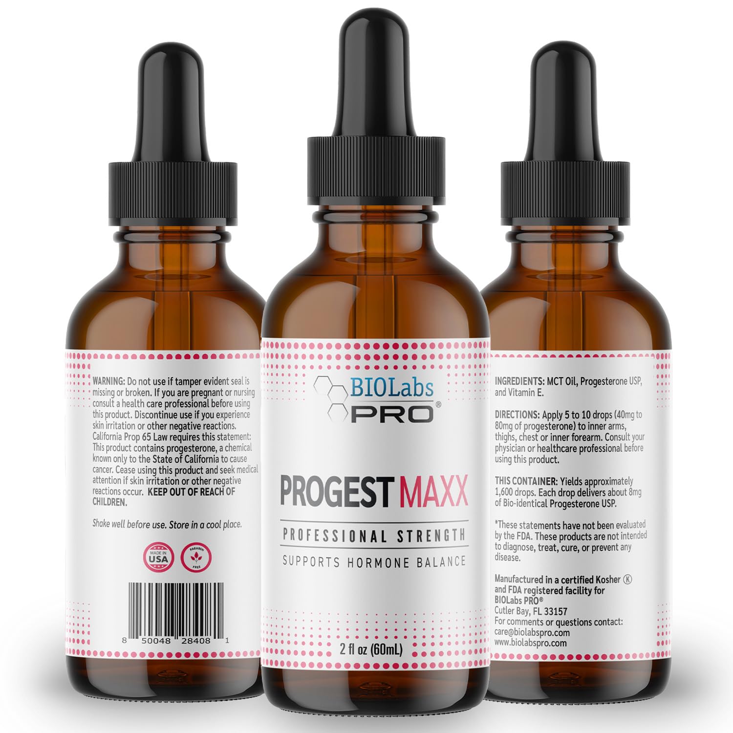 BIOLABS PRO Progest MAXX dropper releasing oil for at‑home hormone balance.