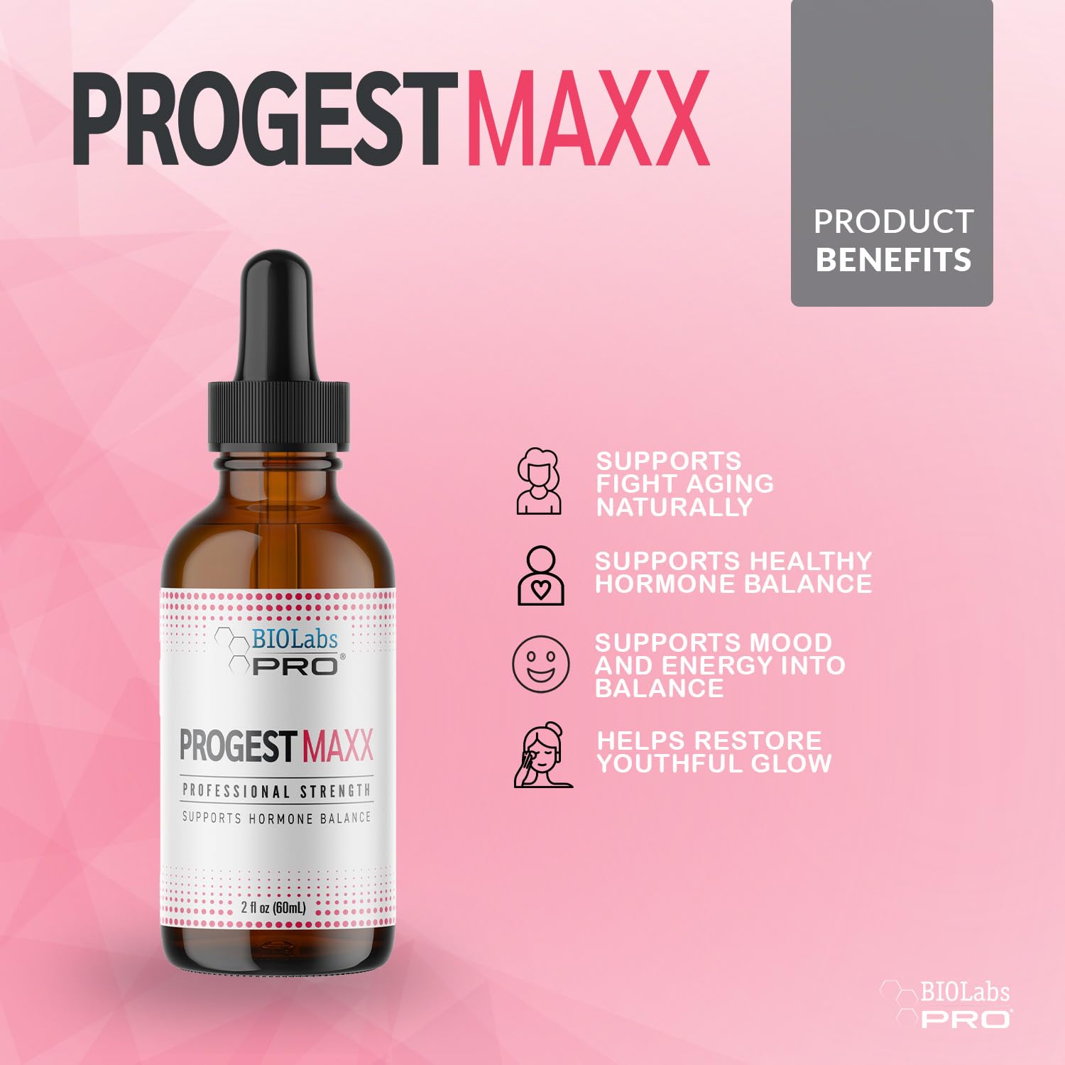 BIOLABS PRO Progest MAXX oil pour showing easy daily dosing.