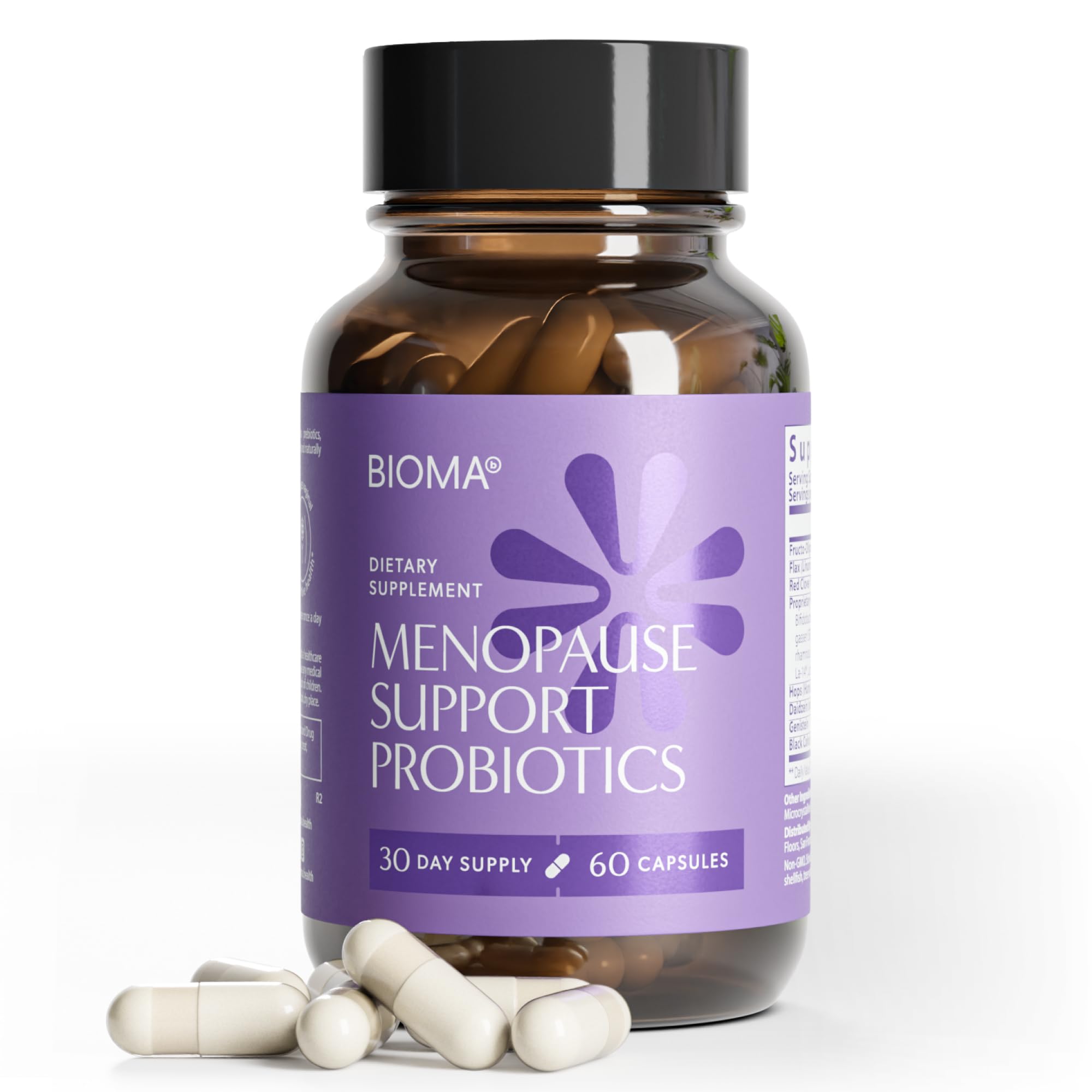 BIOMA Menopause Support bottle close-up for daily gut-hormone balance.