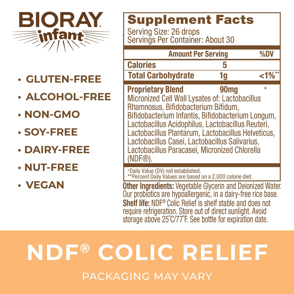 BIORAY Infant NDF Colic Relief dosing bottle highlights non-GMO, vegetarian formula for colic support