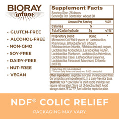 BIORAY Infant NDF Colic Relief dosing bottle highlights non-GMO, vegetarian formula for colic support