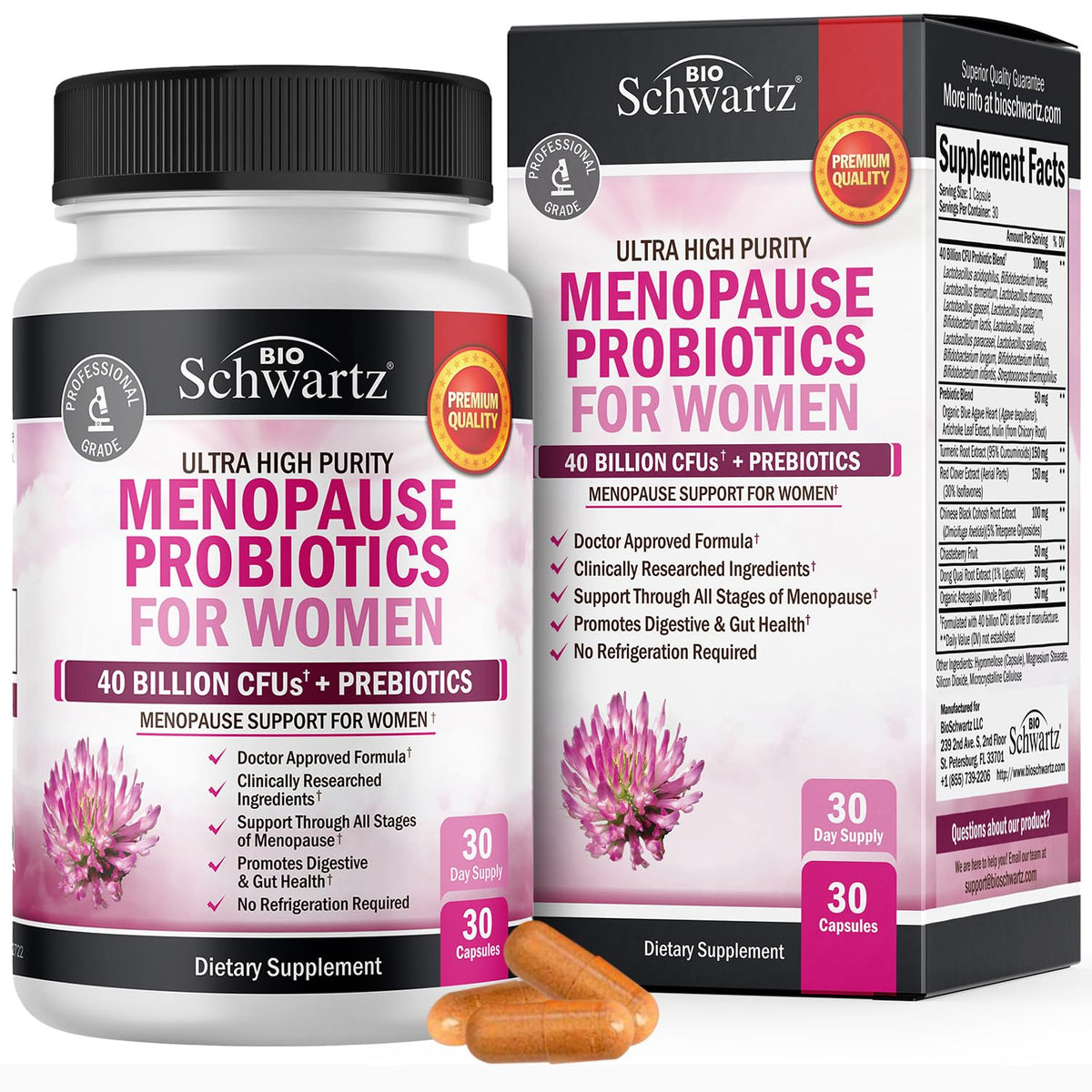BioSchwartz menopause probiotics bottle front promotes daily balance.