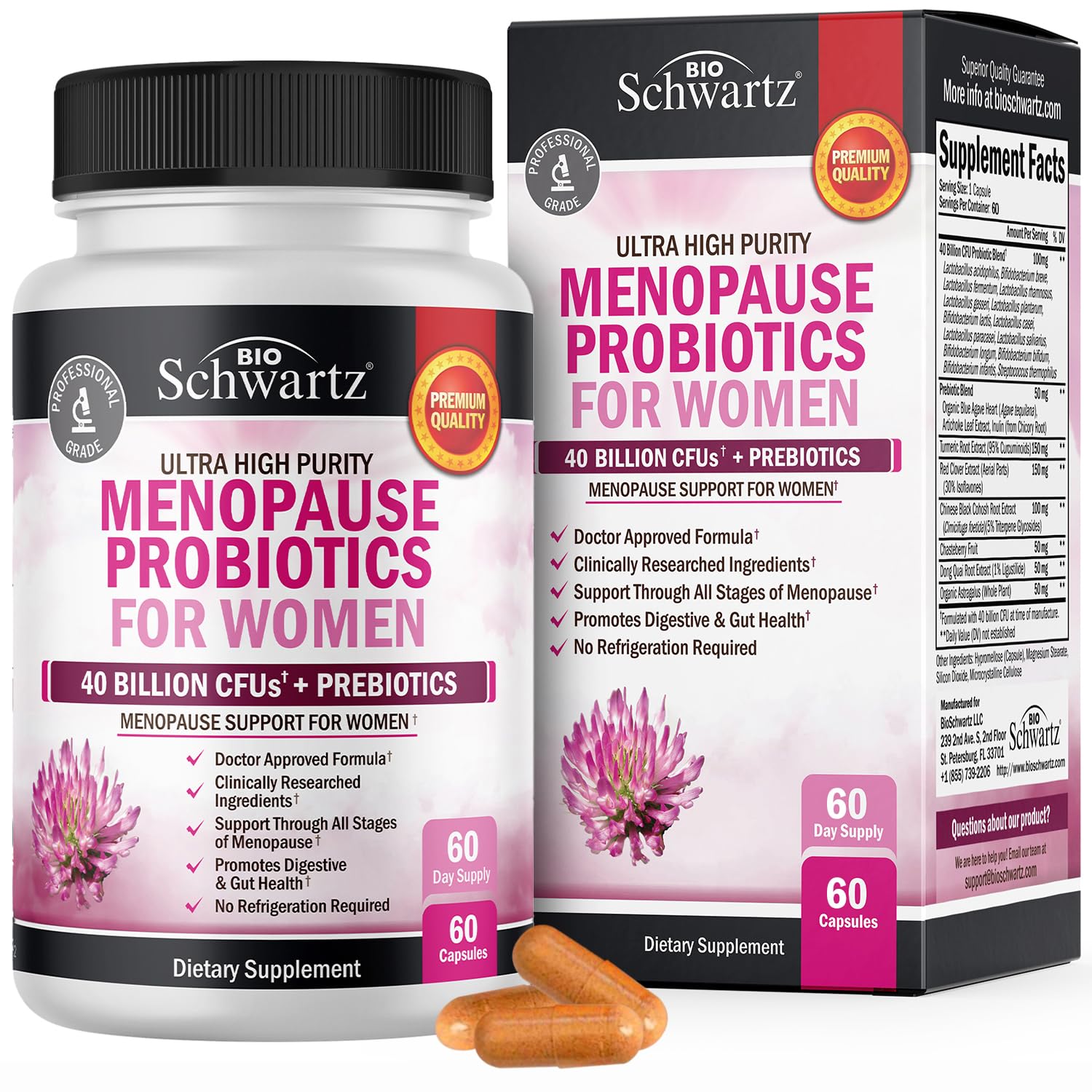 BioSchwartz menopause probiotics bottle pour shows easy daily serving for balance.