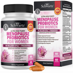 BioSchwartz menopause probiotics bottle pour shows easy daily serving for balance.