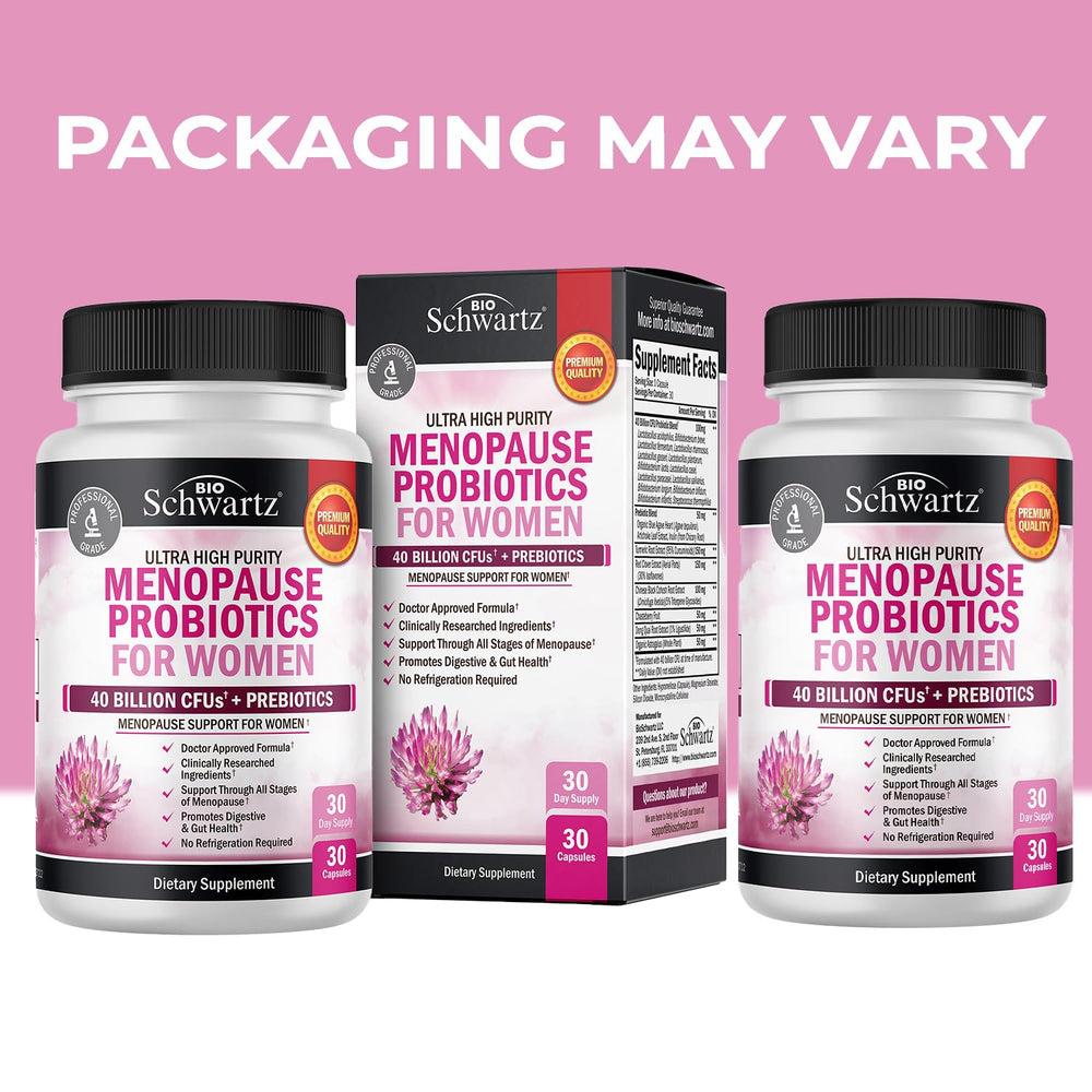 BioSchwartz menopause probiotics capsule closeup shows easy-to-swallow capsules.