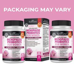 BioSchwartz menopause probiotics capsule closeup shows easy-to-swallow capsules.