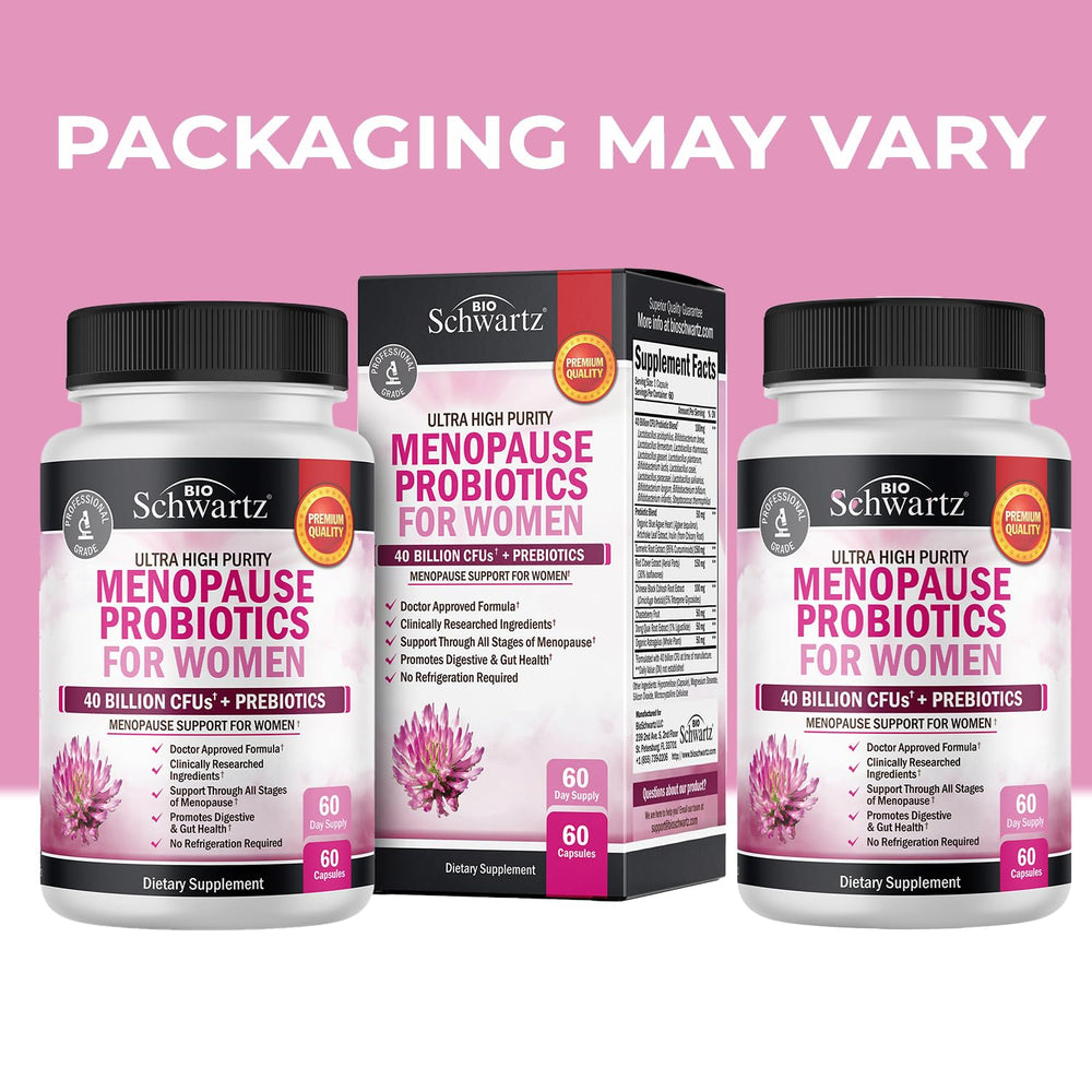 BioSchwartz menopause probiotics packaging front highlights non-GMO and dairy-free formula.