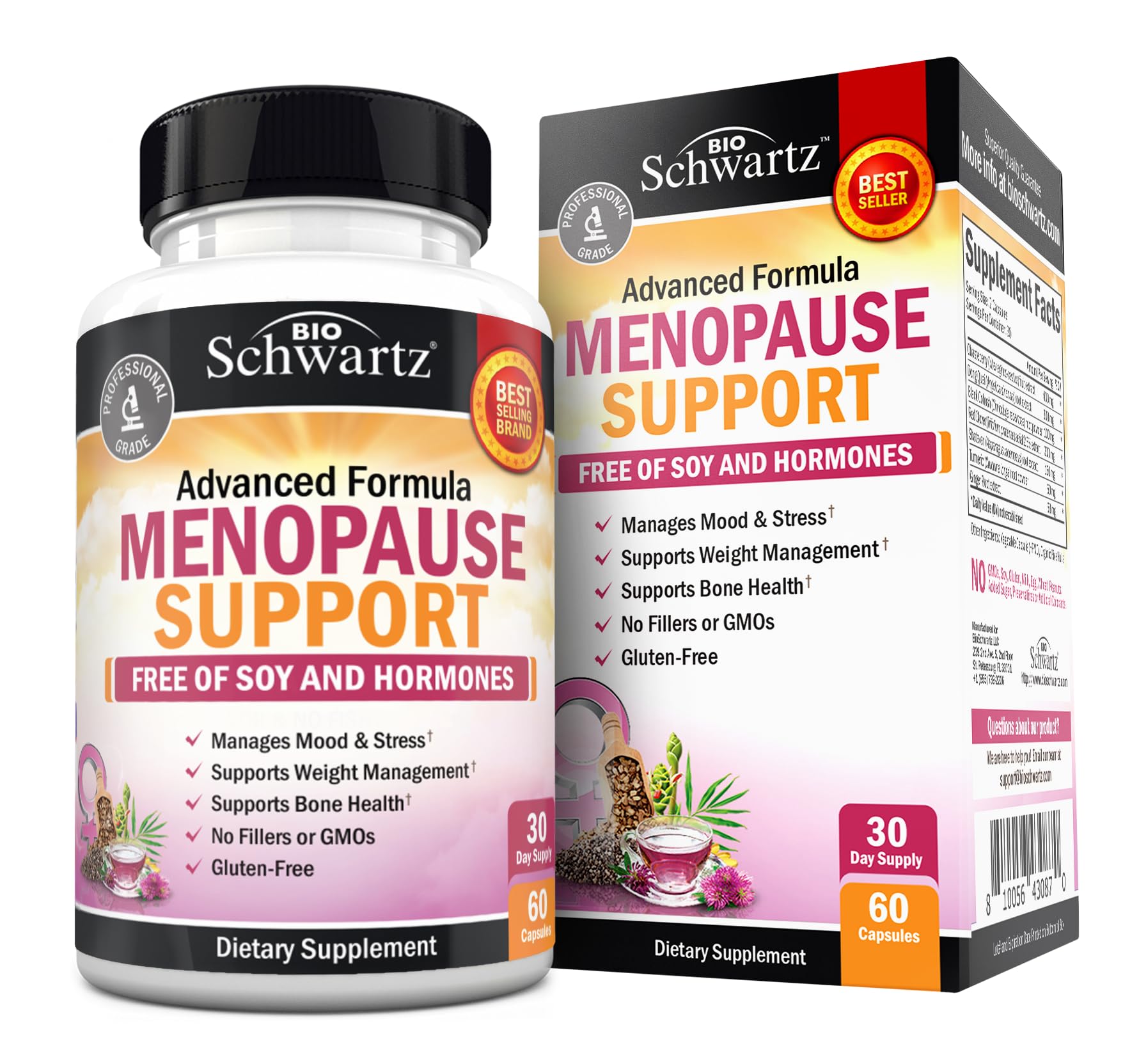 BioSchwartz Menopause Support bottle front shows mood balance potential