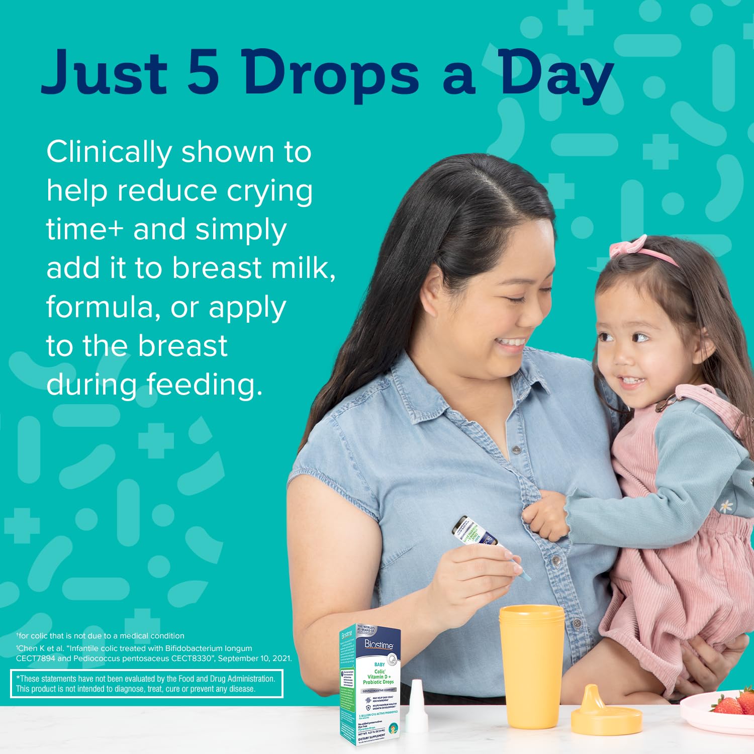 Biostime drops beside a smiling baby illustrating comfort and gut health