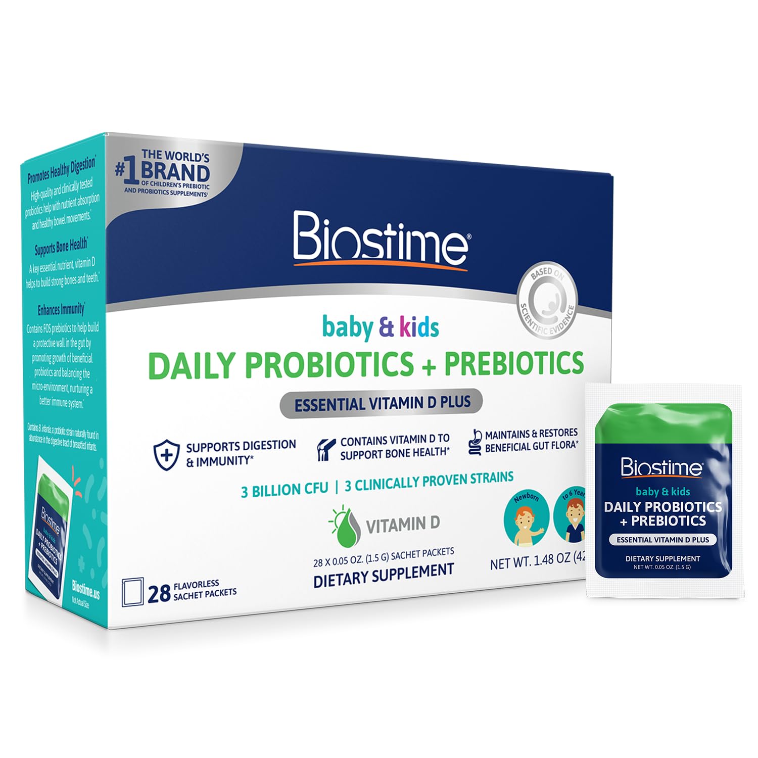 Biostime infant probiotic powder front packaging with 28 packets for daily use