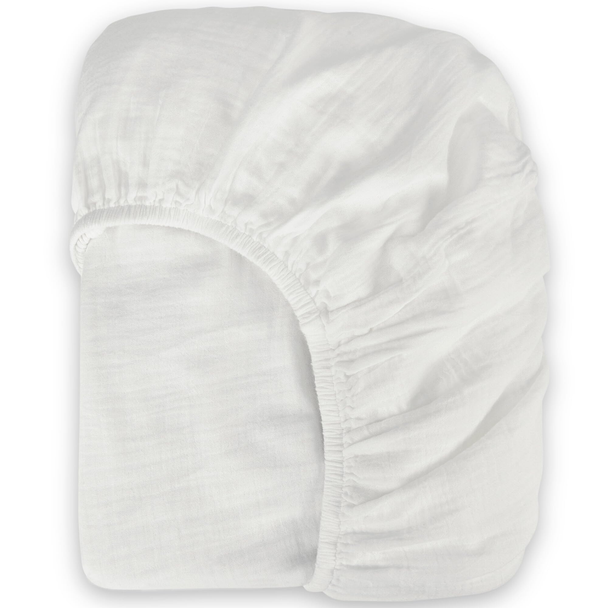 BIOWEAVES mini crib sheet laid flat to show soft organic muslin texture.