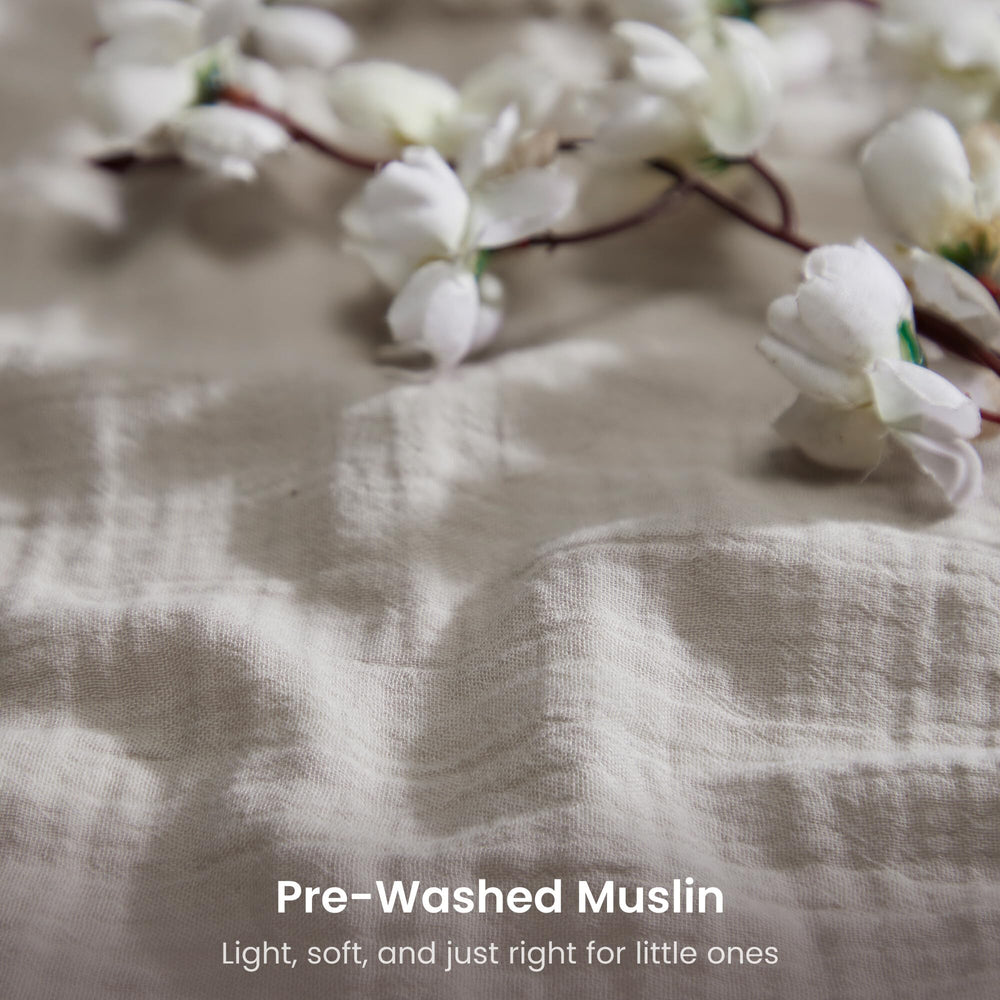 BIOWEAVES Organic Muslin close-up—soft breathable weave that helps baby sleep more peacefully.