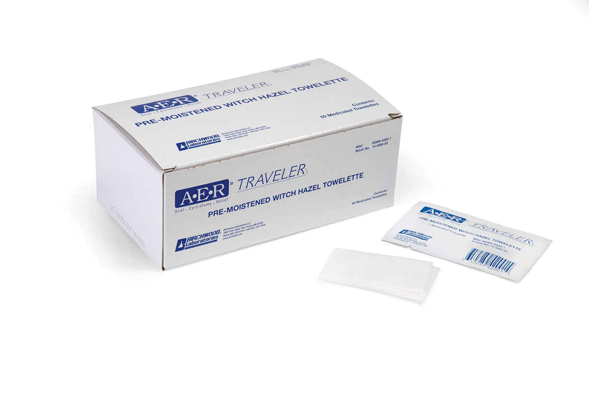 Birchwood Laboratories traveler towelette box of 50 for travel cleansing.